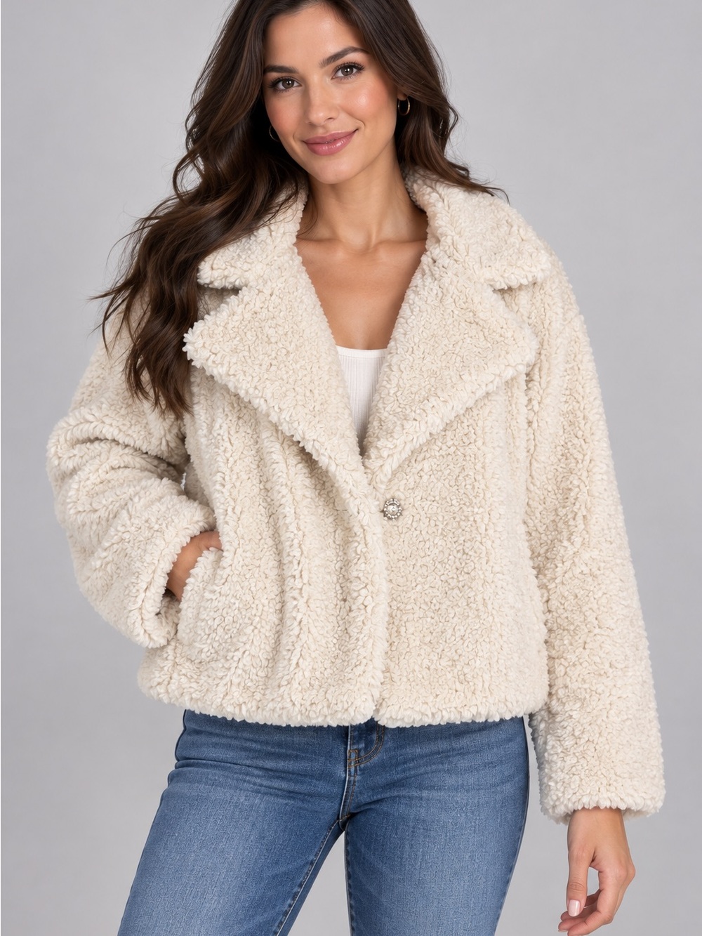 Jessica Simpson Ivory Cream Teddy Sherpa Faux Shearling Jacket Rhinestone Button
